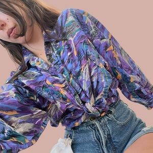 Vintage 90s Abstract Art Print Silk Blouse by Kikomo - Medium